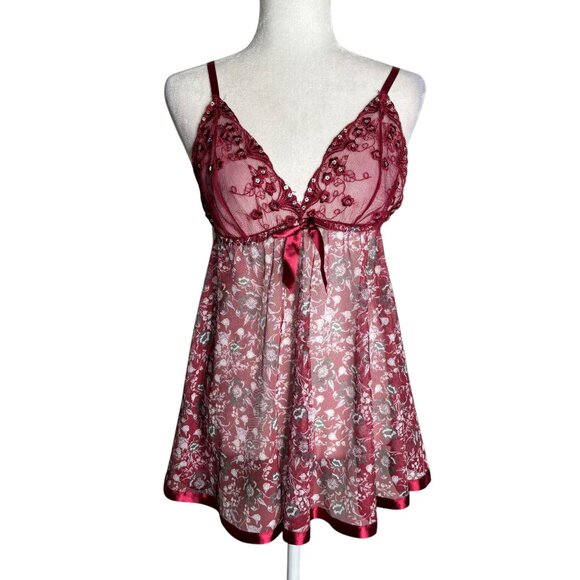 Sheer Red Floral Embroidered Babydoll Lingerie Adjustable Straps Bow Size M - Picture 1 of 6